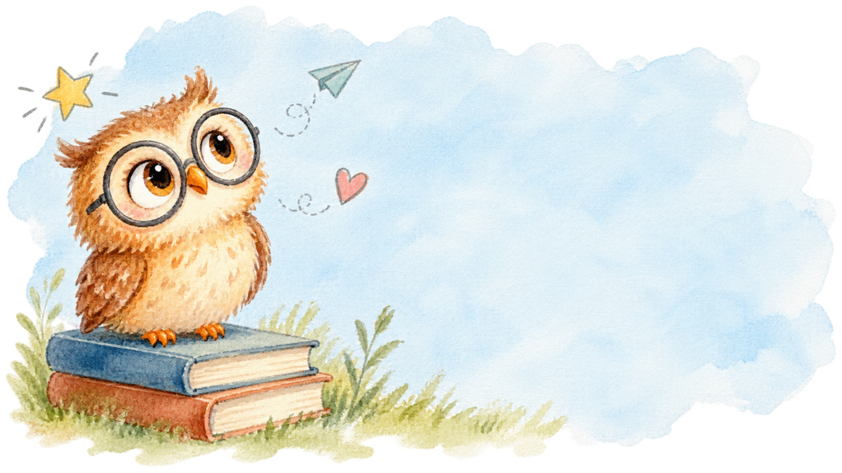 A watercolour owl in spectacles perched on a stack of storybooks